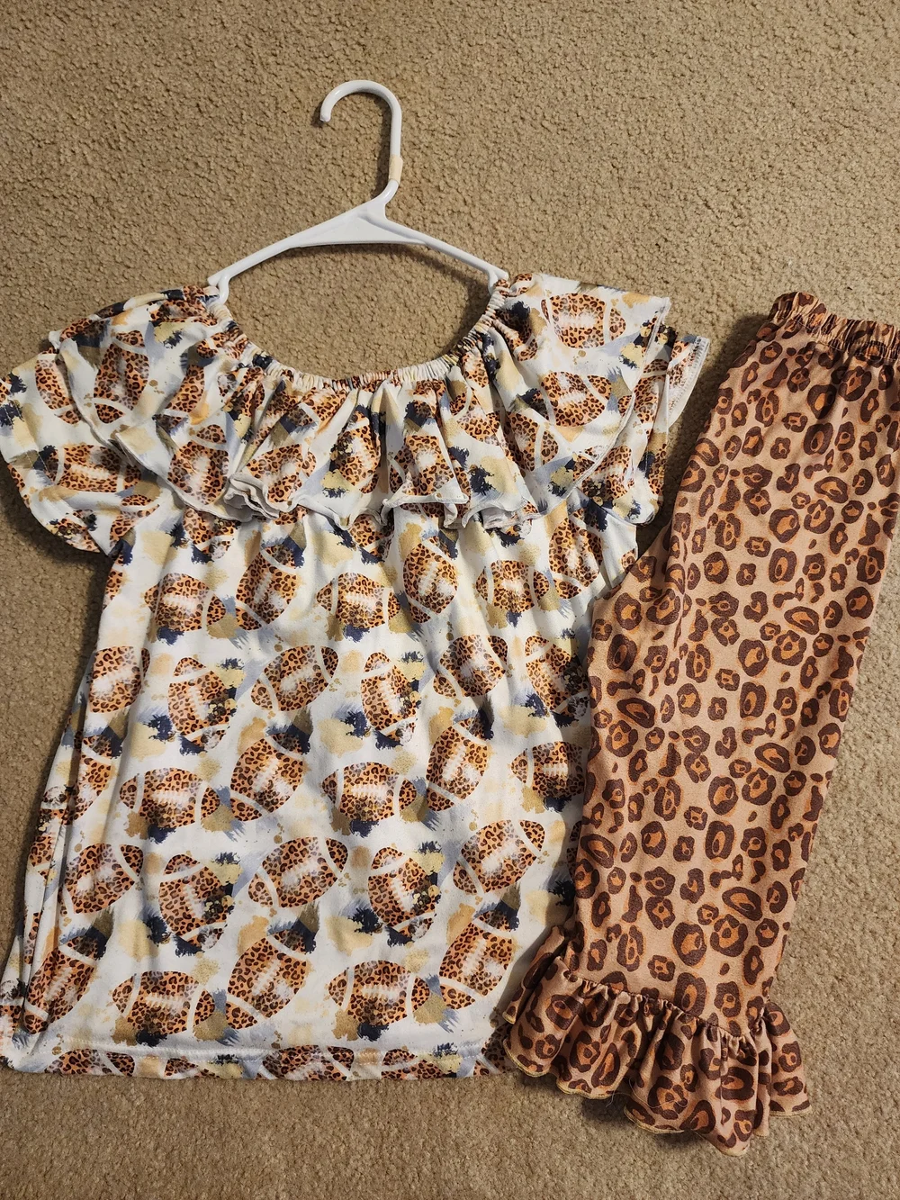 Girls Leopard Print Ruffle Set - Cream & Brown